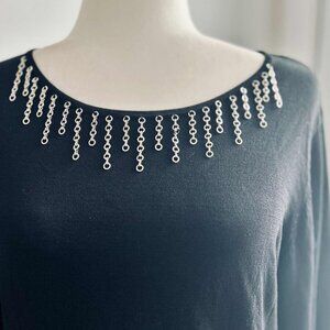 Vintage Spanner Black Knit Top w/ Silver Chain Fringe Neckline & Cuffs – US S/M